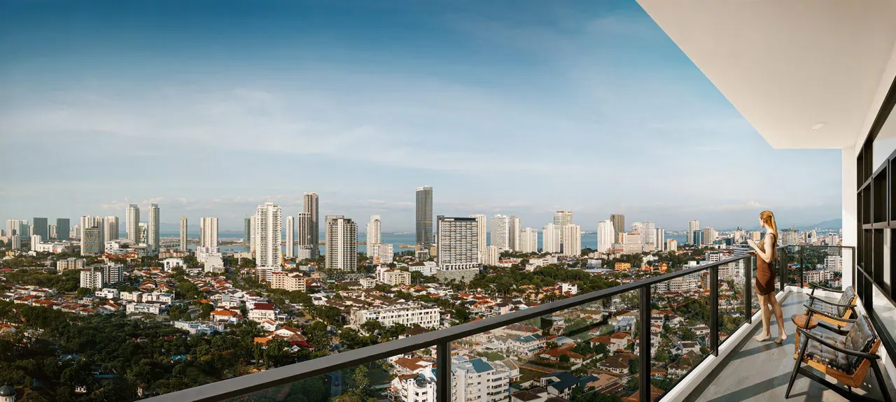 Large balcony and Penang skyline view from Cantonment Residences